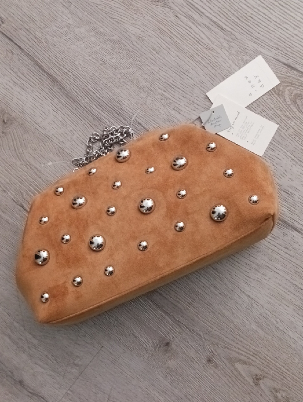 a new day Tan Suede Studded Clutch with Silver Chain